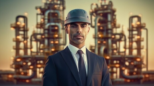 Foto sheikh no fundo da refinaria de petróleo