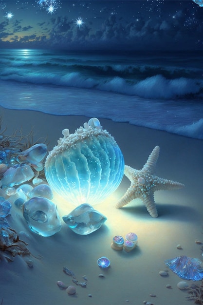 Shell y estrellas de mar en una playa por la noche ai generativo