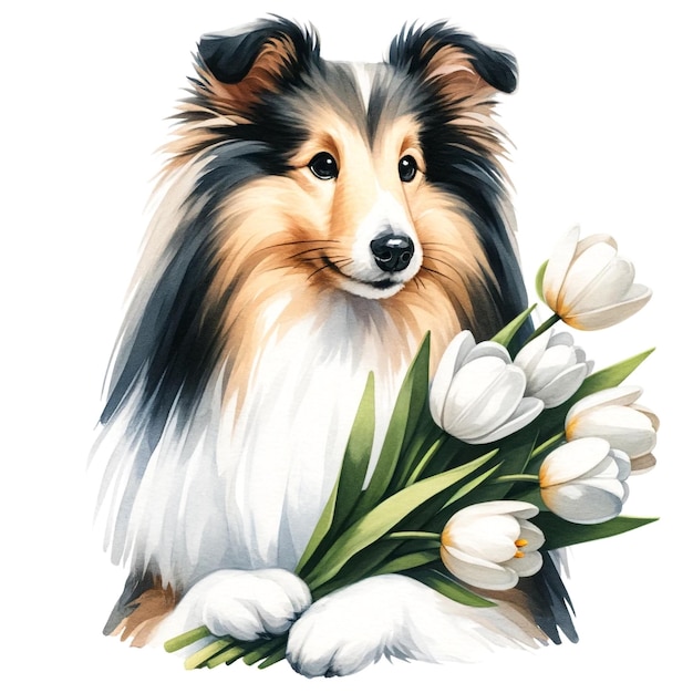 Sheltie holdig buquê de tulipas brancas