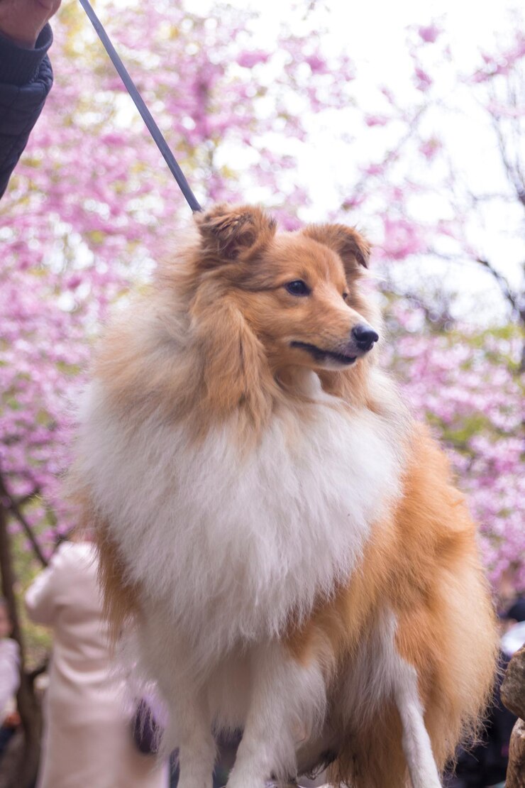 Sheltie-Welpe auf dem Hintergrund des Sakura-Baums