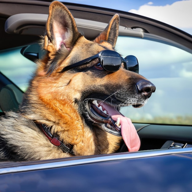 Shepherd alemán confiado con gafas de sol deportivas mientras viaja en un coche descapotable