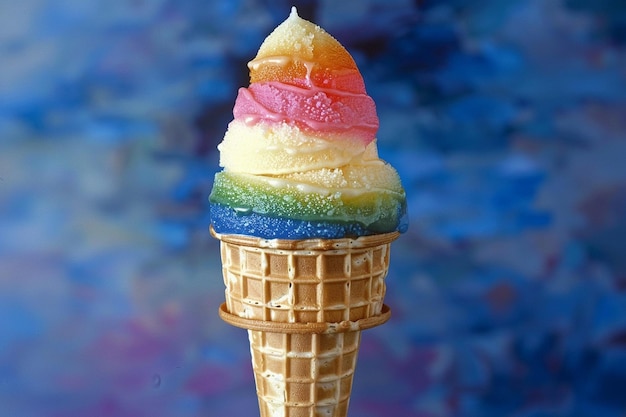 Sherbet de arco iris en un cono de waffle