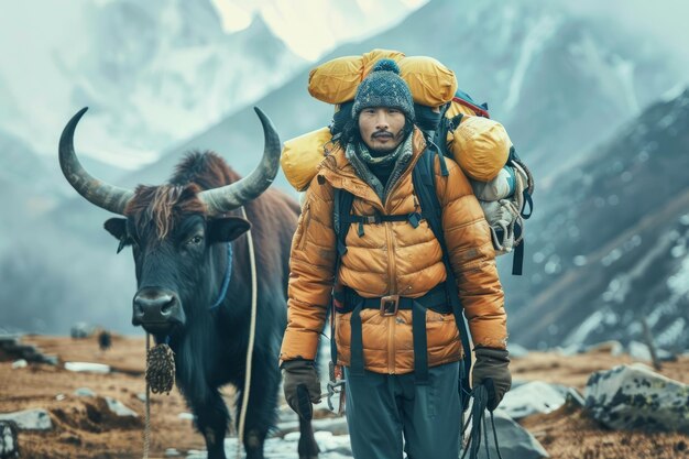 Sherpa caminando por una montaña con el equipo material ayudado por un yak