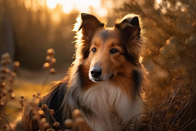 Shetland Sheepdog ruht vor einem Sonnenuntergang