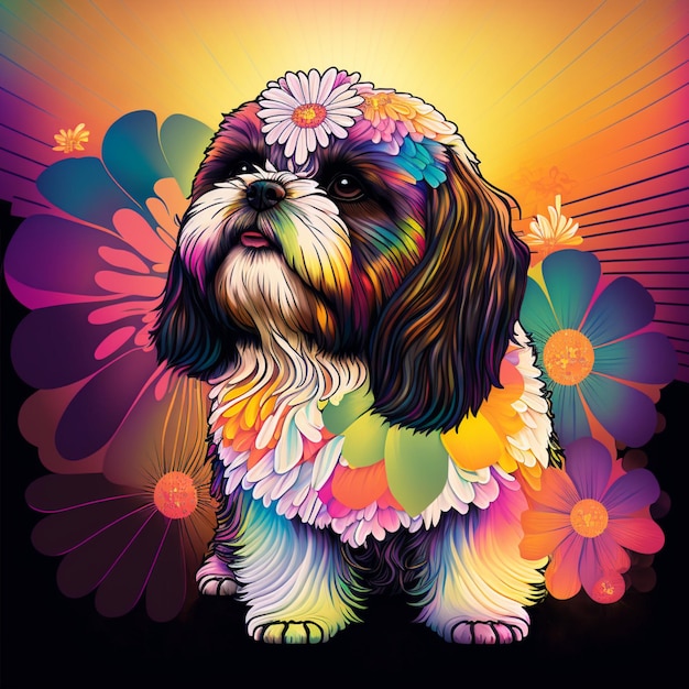 Shi tzu Dog op art deco cubismo. flores IA generativa