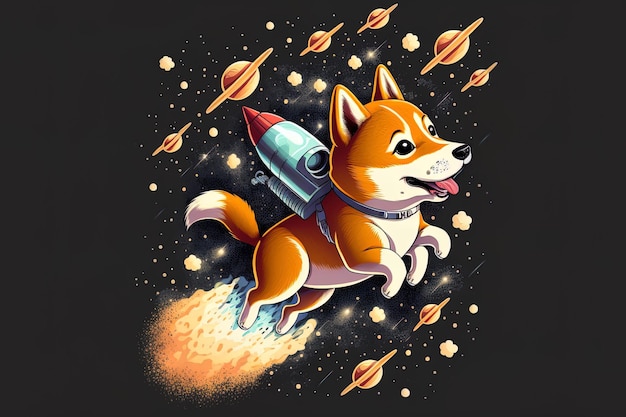 Shiba Inu Cartoon-Symbol eines niedlichen Hundes, der mit einer Rakete im Weltraum aufsteigt