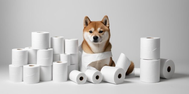 Foto shiba inu com papel higiênico