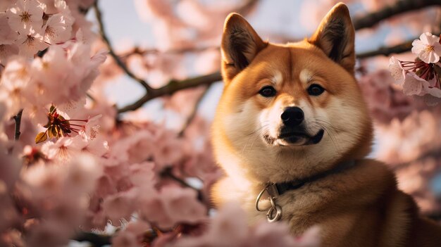 Shiba-Inu-Hunderasse vor dem Hintergrund von Kirschblüten Generation AI