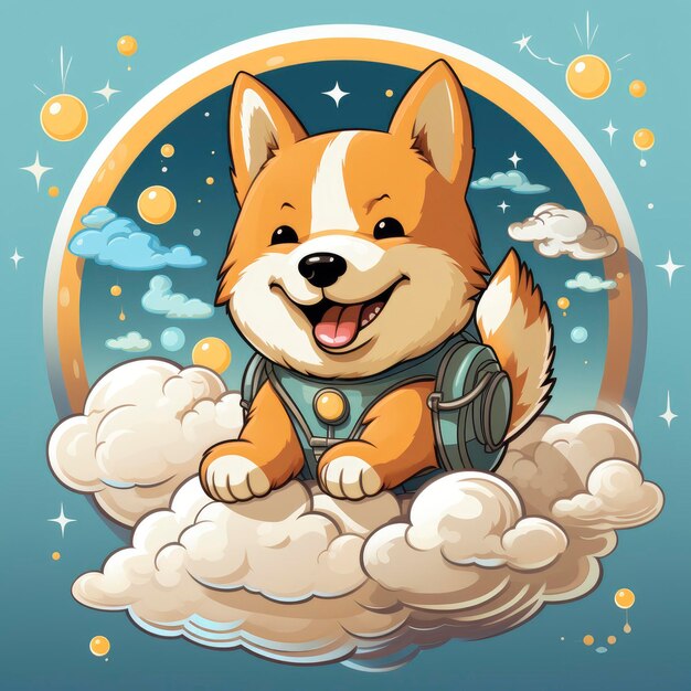 Shiba Inu perro montando cohete luna Ilustración de dibujos animados para imprimir