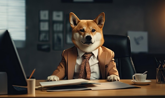 Shiba inu Perro con traje de hombre de negocios se sienta diligentemente en un escritorio de oficina exudando profesionalismo Ambiente corporativo cómico y peculiar Creado con herramientas generativas de IA