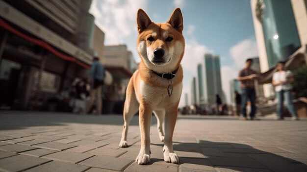 Shiba Inu de pie en las calles del centro