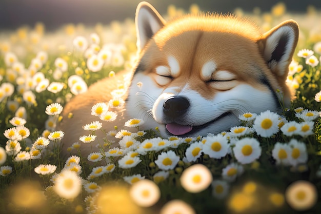 Shiba Inu schläft in einem Blumenfeld AIGerated