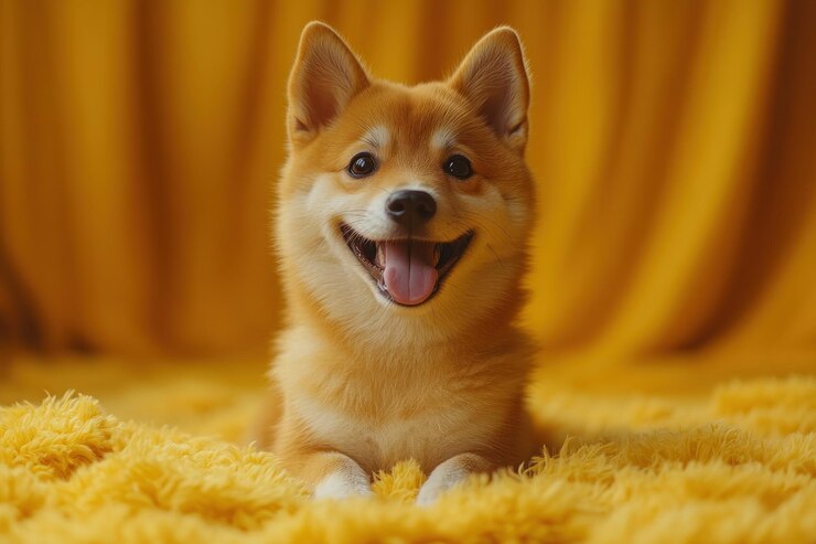 El Shiba Inu sonriente en una manta amarilla