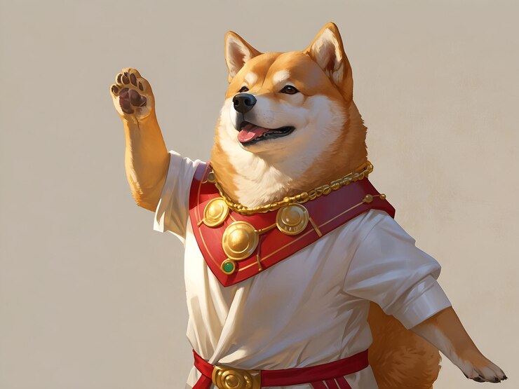 Shiba Inu vestido con el antiguo traje imperial romano