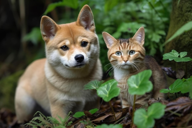 Shiba Inu-Welpe und sein gestreifter Katzenbegleiter