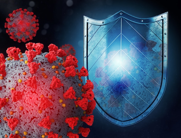 Foto shield protege contra ataques de vírus. conceito de parar a pandemia do vírus da coroa covid 19. ilustração 3d