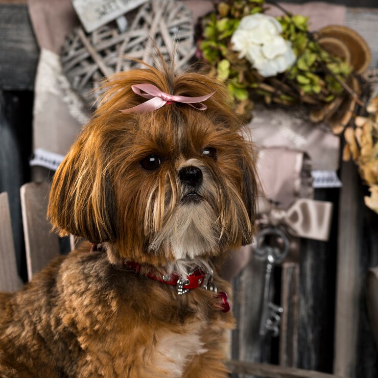 Foto shih tzu em frente a uma parede rústica
