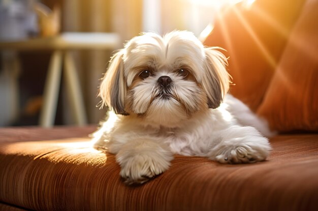 Shih Tzu fofinho e fofinho em um ambiente doméstico aconchegante, capturando sua expressão cativante