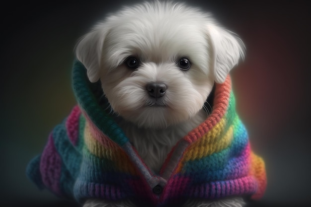 Shih Tzu Hund oder Chrysantheme im regenbogenfarbenen Pullover Realistisches Porträt eines süßen Welpen
