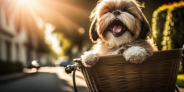 Shih Tzu Hund viel Spaß mit dem Fahrrad am Morgen der Sonne im Sommer auf der Stadtstraße