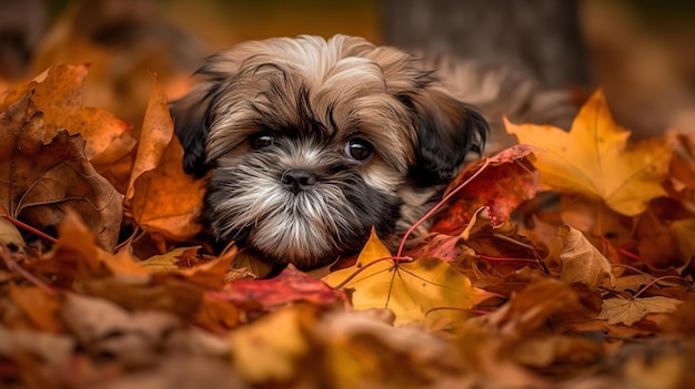 shih tzu puppy39s primer jugueteo en las hojas de otoño