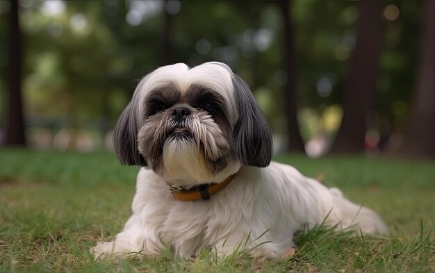 Foto shih tzu sitzt auf dem gras im park.