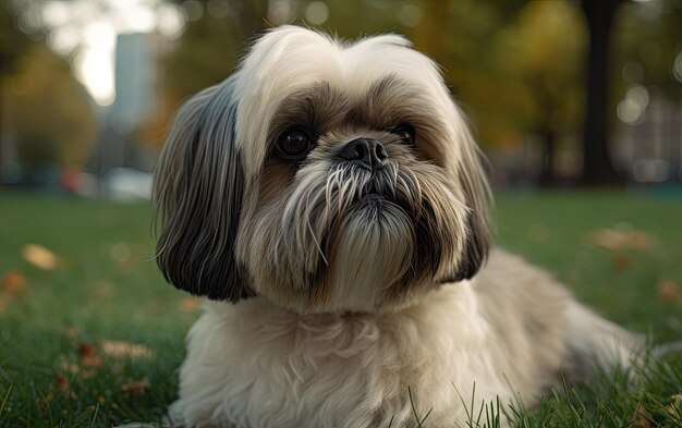 Foto shih tzu sitzt auf dem gras im park.