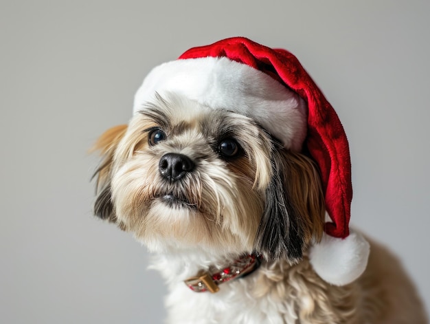 Shih Tzu sorrindo usando um retrato de chapéu de Natal