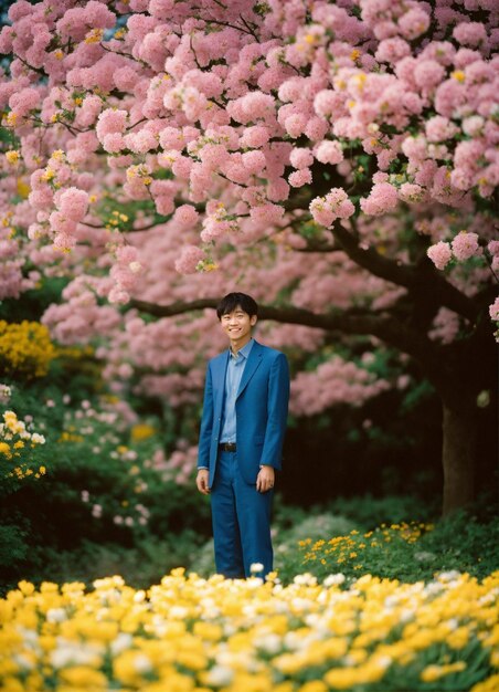Foto shinji ikari feliz de pé em um belo campo de flores flores coloridas em todos os lugares perfeito li