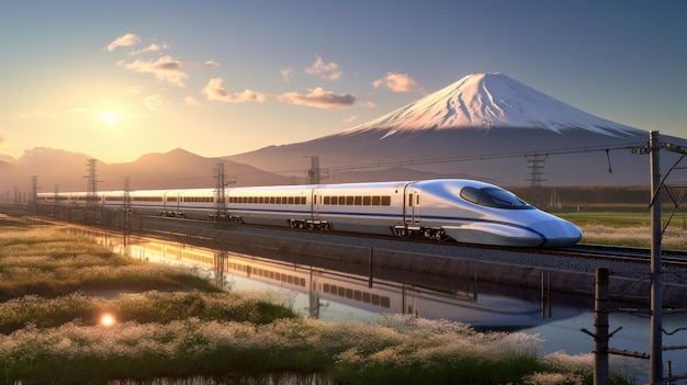 Shinkansen oder Hochgeschwindigkeitszüge fahren durch den Berg Fuji und Shibazakura an der Quelle Shinkansen in Japan Generetive Ai