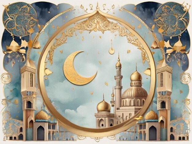 Shiny Ramadan Kareem islamische Grußkarte Vorlage mit goldenen Mond Lentarn Moschee Banner Design