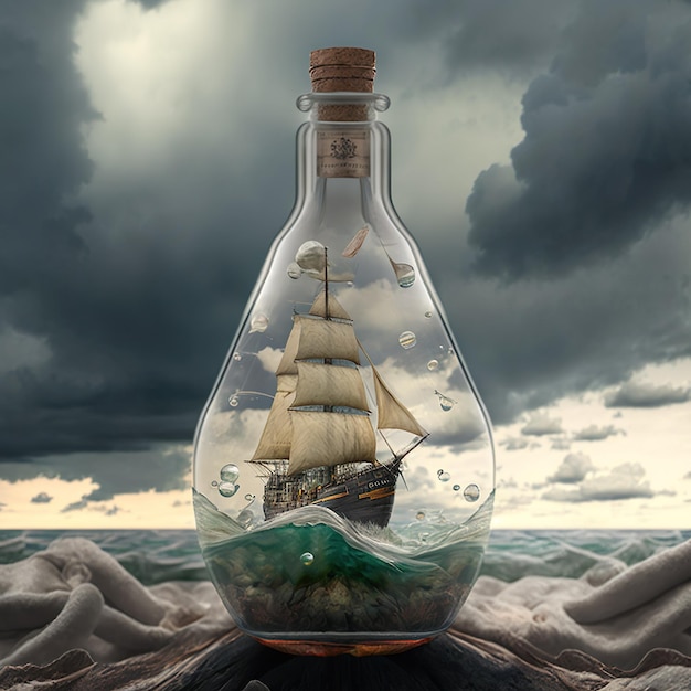 Ship in a Bottle Eine fotorealistische Darstellung eines Segelschiffs in stürmischer See wird generiert