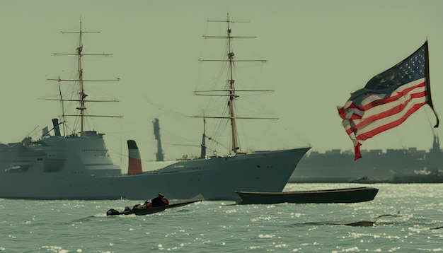 Foto a ship with a flag on it is in the water with a boat in the background