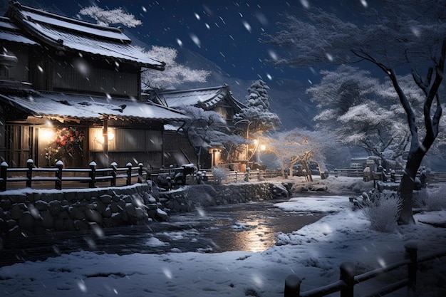 Foto shirakawago por la noche en invierno japón generado por ia