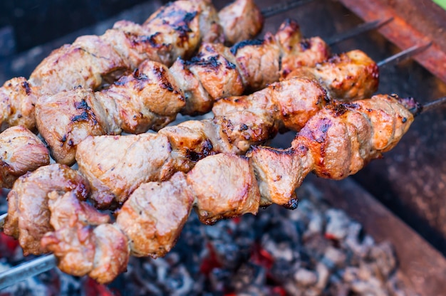 Shish kebab al aire libre a la parrilla. cocinar carne en la calle. comida de la calle. picnic. descanso familiar. Calor de las brasas de la parrilla. Shish kebab de cerdo.
