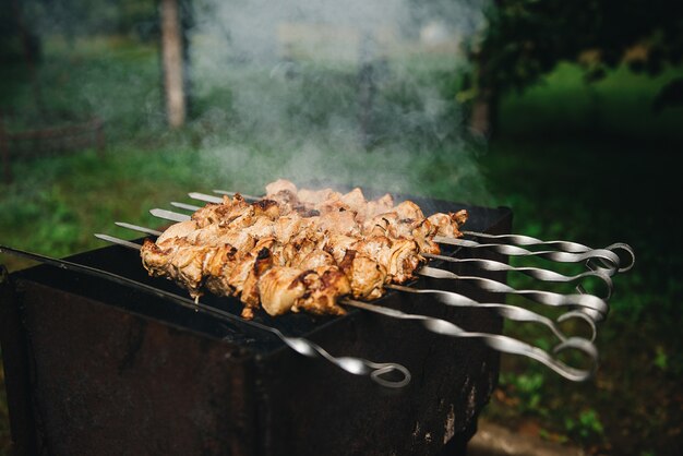 Shish kebab asado en brochetas en la parrilla de carbón al aire libre