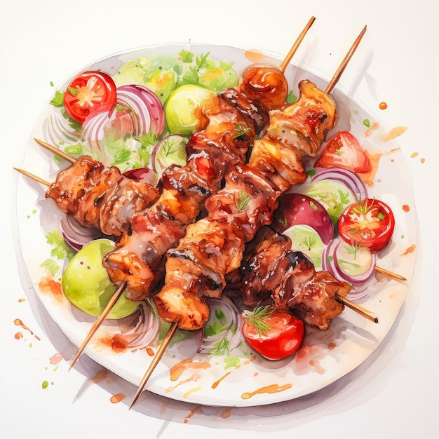 Shish kebab de cerdo aislado en fondo blanco vista superior tecnología de IA generativa