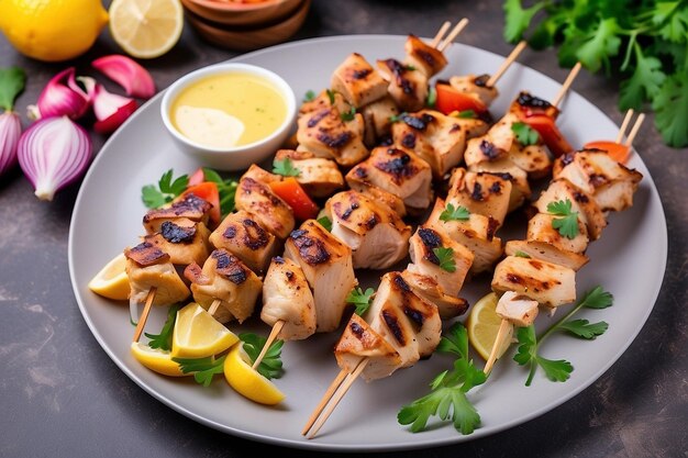 Shish kebab de frango grelhado com ervas e especiarias em um rack de fundo preto vista superior