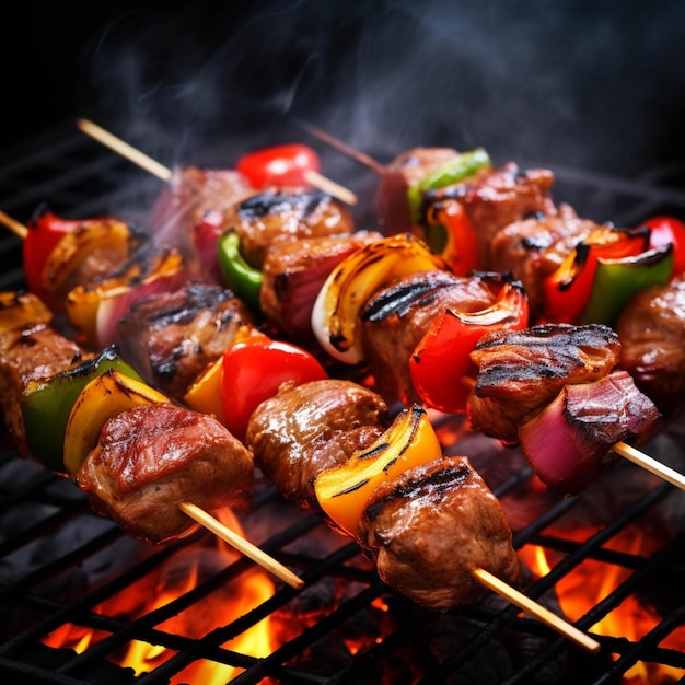 Shish kebab em uma grelha de churrasco com chamas no fundo