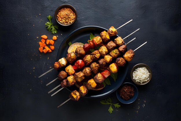 El shish kebab gourmet artísticamente elaborado está listo para ser servido