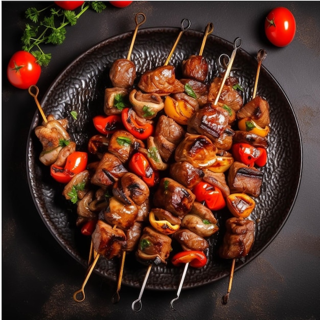 Foto shish kebab grelhado com vegetais em espetos