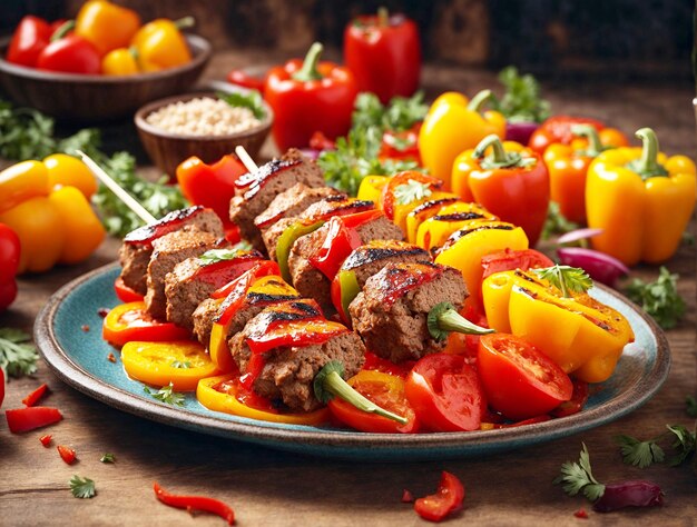 Shish kebab con pimientos de color servido con ketchup