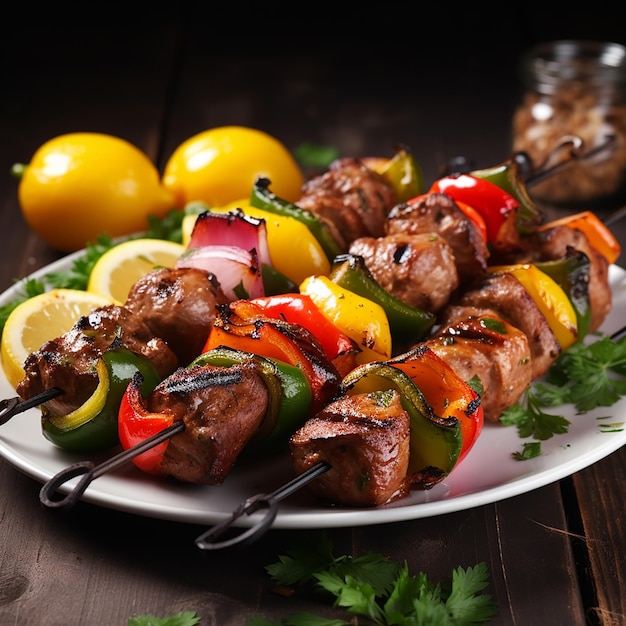 Shish kebabs carne e legumes grelhados e bifes de carne bovina