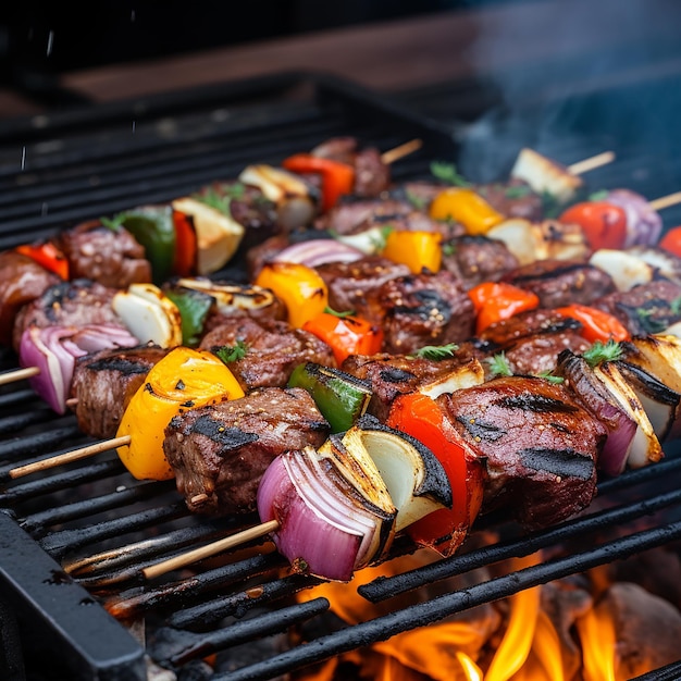 Shish kebabs carne y verduras a la parrilla y filetes de carne de res