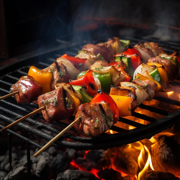 Shish kebabs carne y verduras a la parrilla y filetes de carne de res