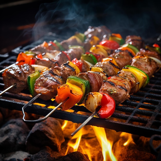 Shish kebabs carne y verduras a la parrilla y filetes de carne de res