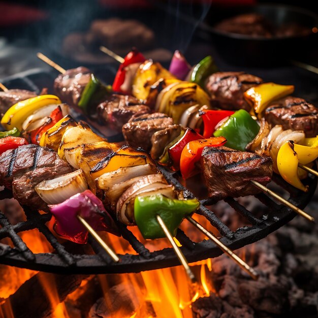 Shish kebabs carne y verduras a la parrilla y filetes de carne de res