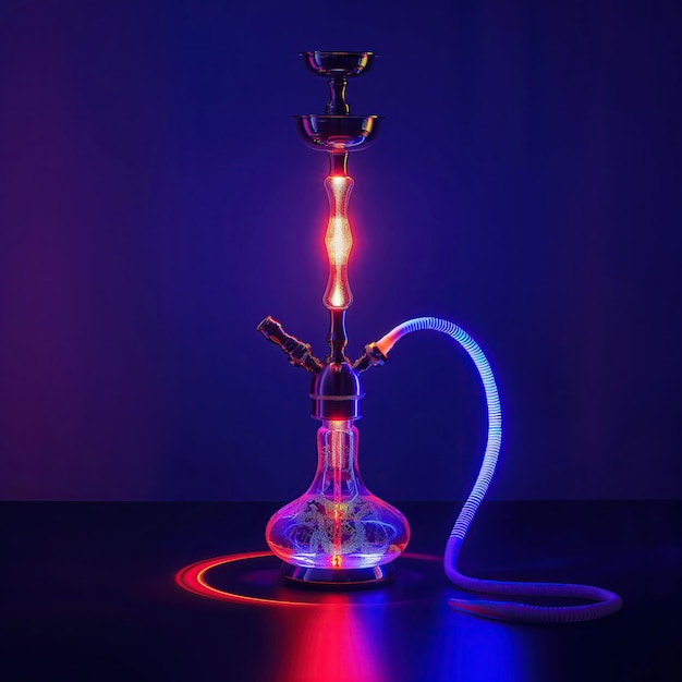 shisha en humo de narguile con luz de neón roja y azul sobre fondo negro