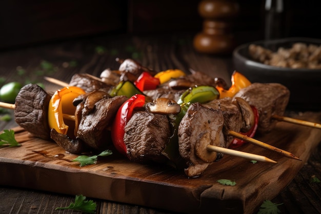 Shishkabob de carne grelhada espetada em palito de madeira com pimentão, cebola e cogumelos