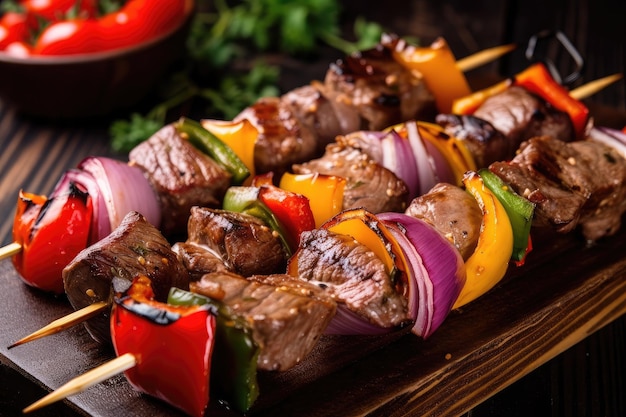 Shishkabob de carne grelhada no espeto com pimentão, cogumelos e cebola